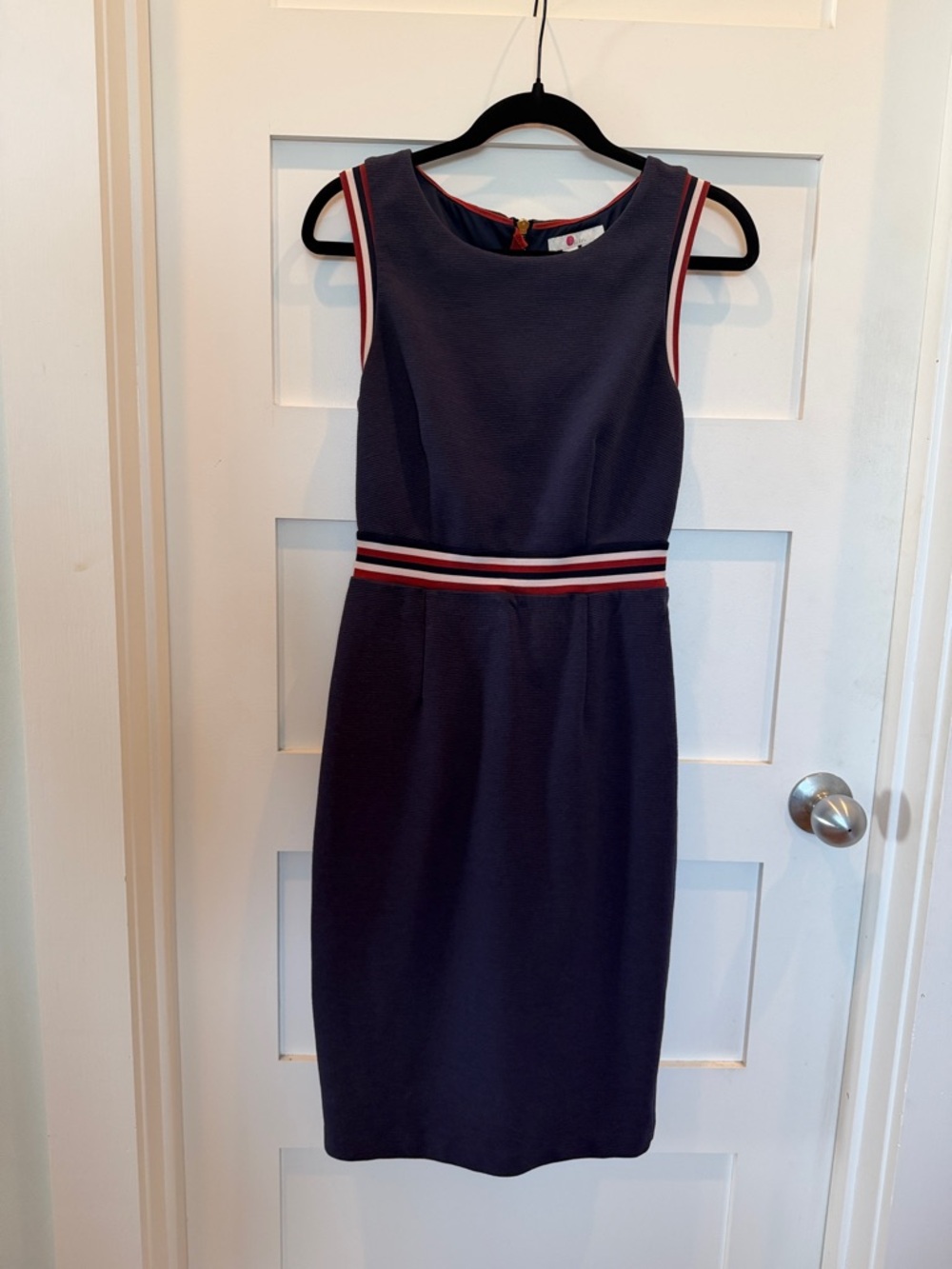 Boden Navy Sleeveless Midi Dress with Red & White Contrast Stripes